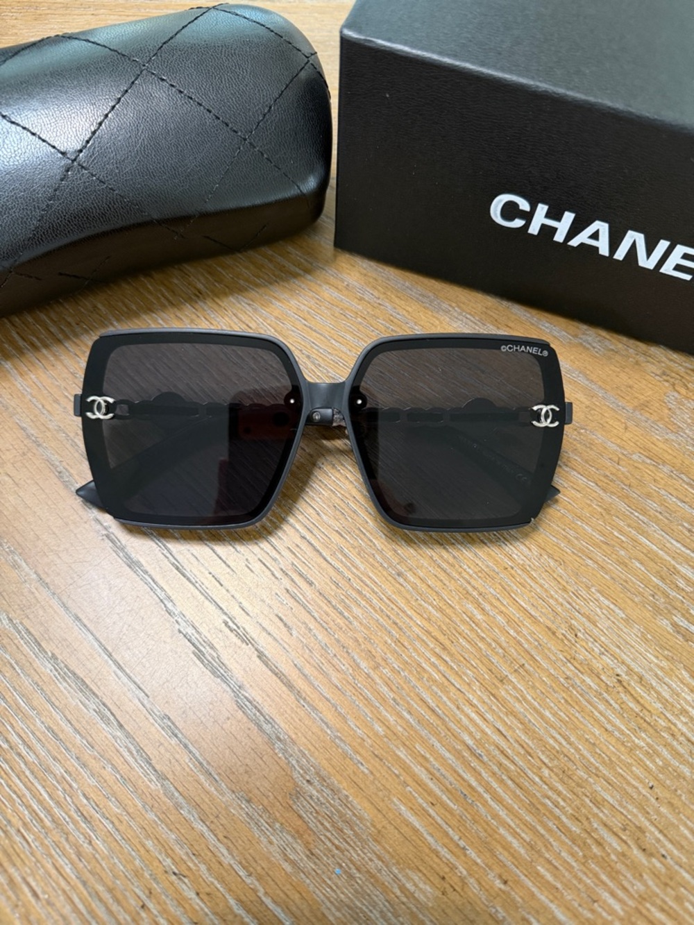 Chanel Women's Black and Silver Square Sunglasses